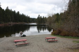 The beach at Spectacle Lake, BC.