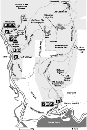 Map of Sheilds Lake Grass Lake Crabapple Lake and Peden Lake in Sooke near Victoria, BC